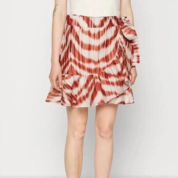 Banana Republic NWT Rust Red Cream Tie Dye Print Ruffle Belted Mini Wrap Skirt - Picture 1 of 9